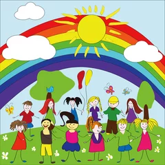 Fotobehang Regenboog Vrolijke kinderen achtergrond met regenboog