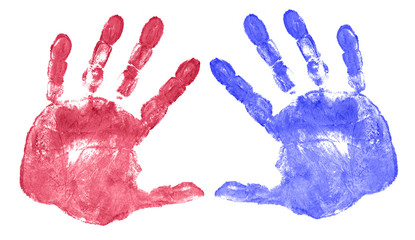 red and blue hand prints isolated on white