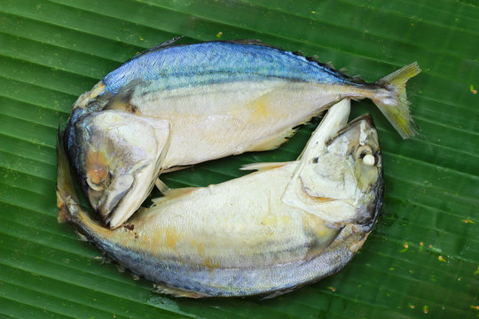 Chub mackerel on a banana leaf