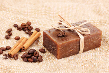 Hand-made soap on sackcloth