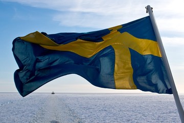 Swedish flag with ice covered sea in the background