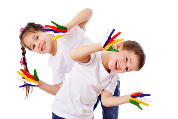 Happy kids with painted hands