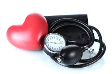 Black tonometer and heart isolated on white