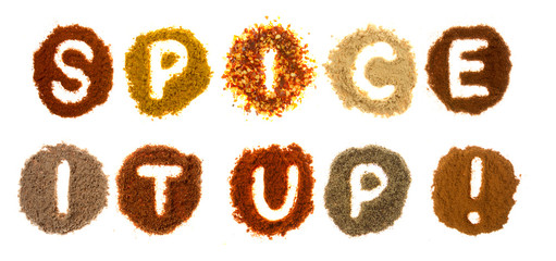assorted spices spelling the word: spice it up