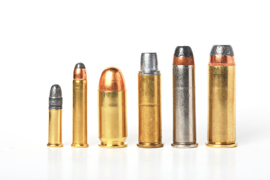 bullet- ammo size compare, isolated white.