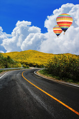hot air balloons over road to mt.