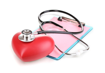 Stethoscope, heart and blank clipboard isolated on white