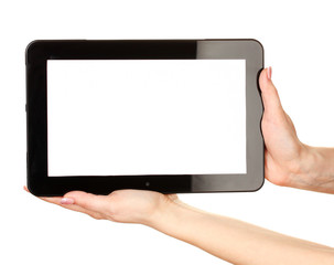 woman hands holding a tablet isolated on white