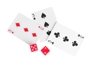 Three cards and dices isolated on white