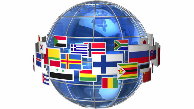 Rotating Earth globe with world flags