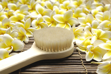 Obraz na płótnie Canvas Spa brush and l frangipani flower on bamboo mat