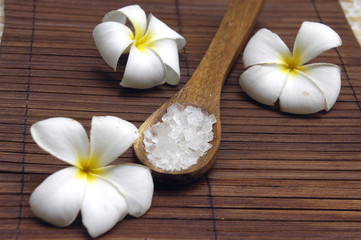 Set of frangipani with herbal salt in spoon on mat
