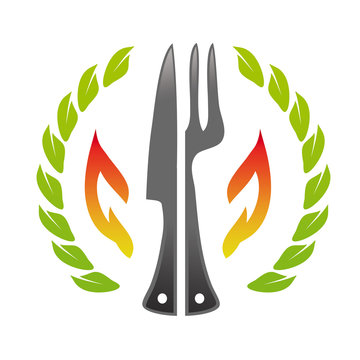 Restaurant logo fork knife fire stone wood pizzeria template