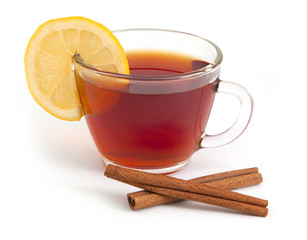 Cup of tea with lemon and cinnamon