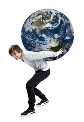 Handsome young man carying the planet earth on its backs