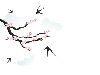 Happy swallows singing the spring, flying around floral branch