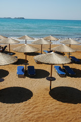 Xi beach on Kefalonia with umbrellas