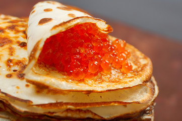 Russian pancakes  with red caviar