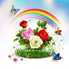 Roses on grass with butterflies and rainbow
