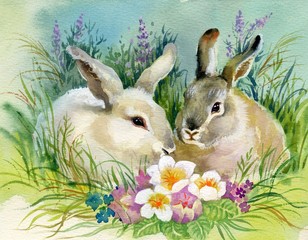 Watercolor Illustration: Rabbits