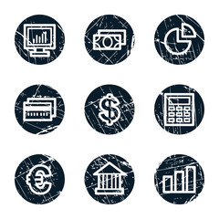 Finance web icons set 1, grunge circle buttons