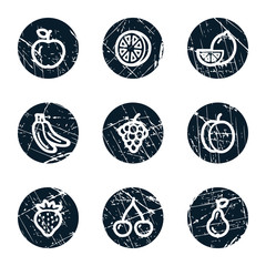 Fruits web icons, grunge circle buttons