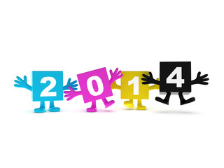 2014 CMYK background - happy colored cubes with hands up