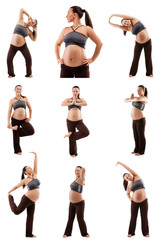 Beautiful pregnant woman doing exercises, isolated on white