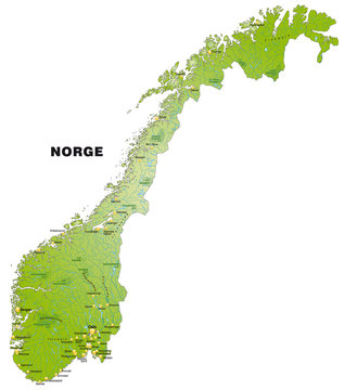 Norwegenkarte mit Gewässernetz und Orten