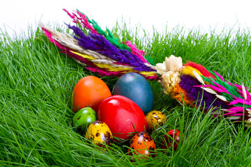 Colorful painted easter eggs in the grass