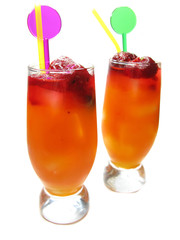 two fruit red punch cocktail drinks with strawberry