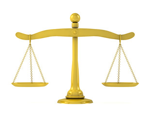 Golden scales of justice on a white background