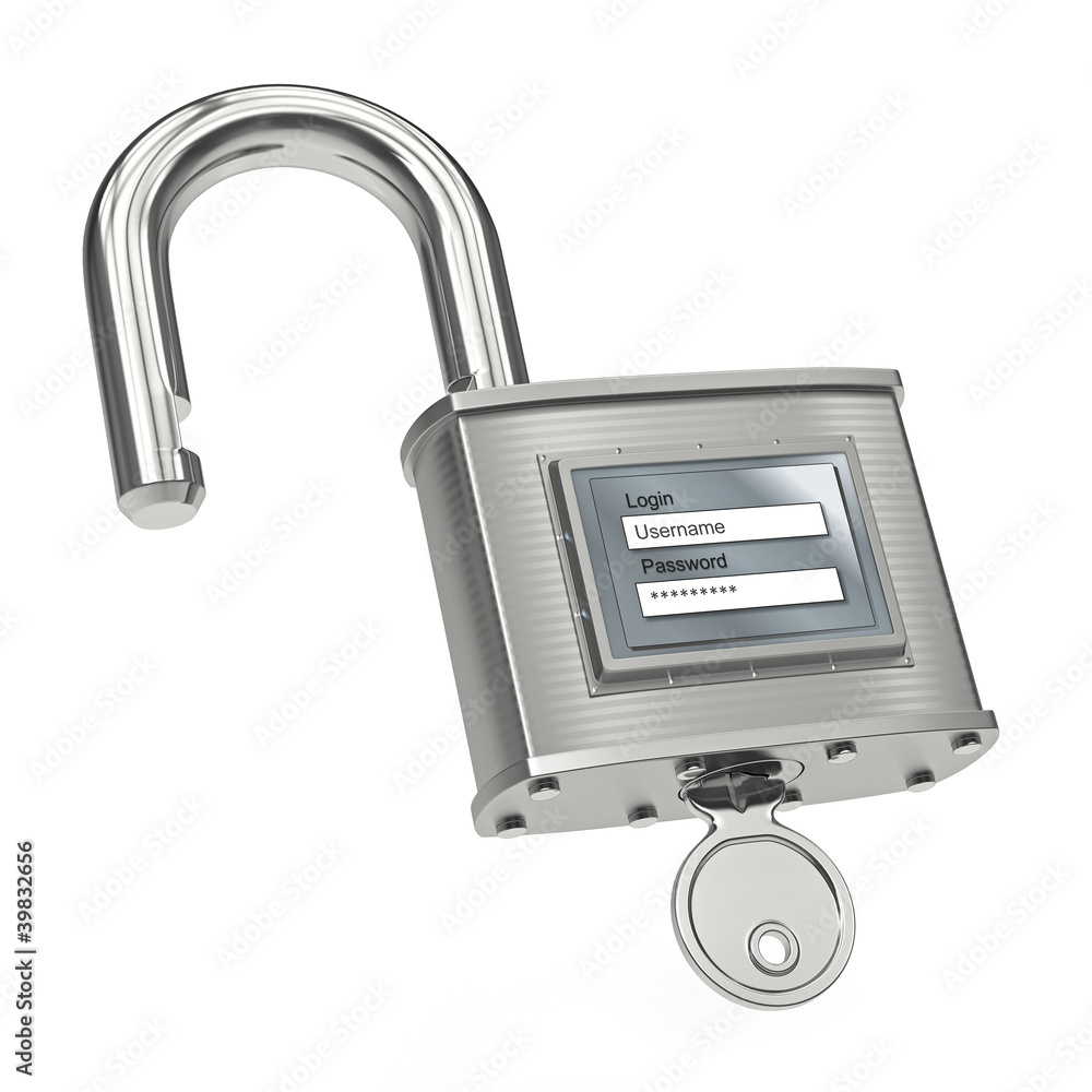 Fototapete Unlocking padlock with login and password