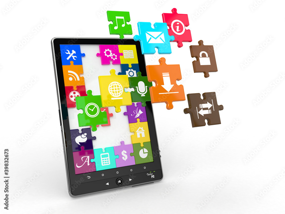 Poster tablet pc software. screen from puzzle with icons.