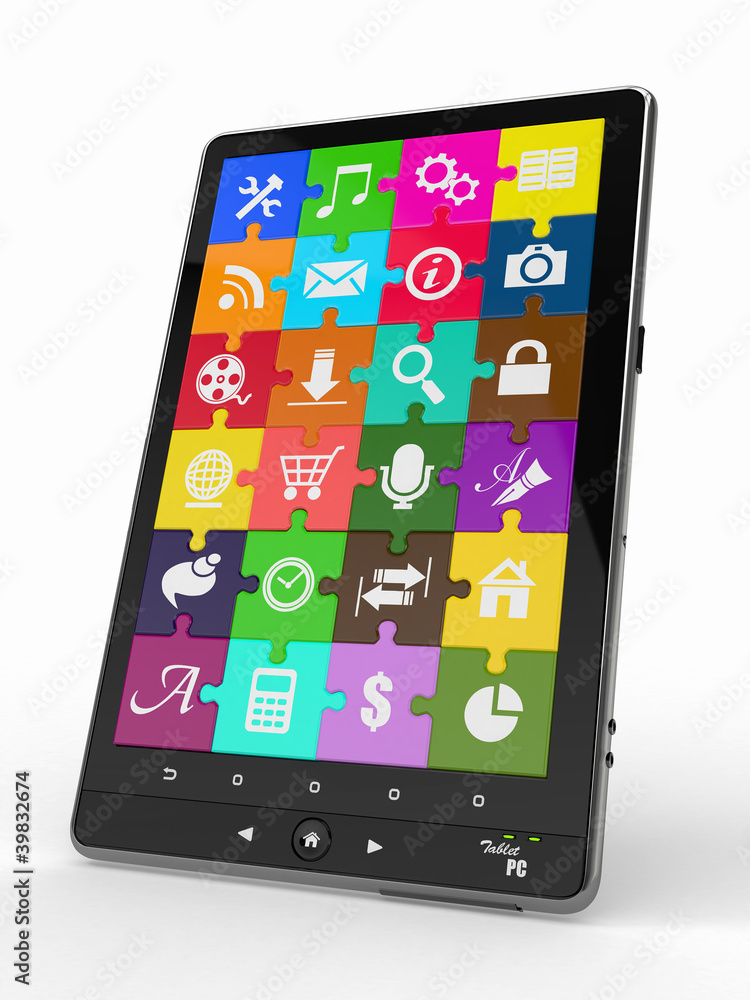 Poster tablet pc software. screen from puzzle with icons.