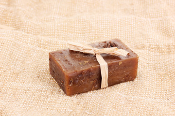 Hand-made soap on sackcloth