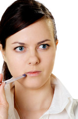 woman serious with pen