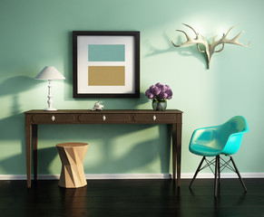 Green fresh vintage interior with stool, table, chair, frame