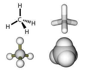 Methane structural formula and molecular models