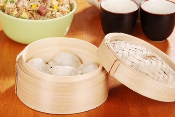 Asian dumpling in bamboo basket