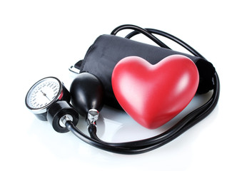 Black tonometer and heart isolated on white