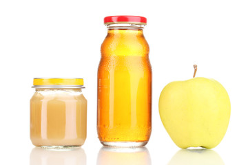 Jar of baby puree and juice with apple isolated on white