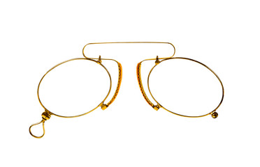 Golden glasses (pince-nez) on white. - obrazy, fototapety, plakaty