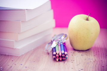 Fototapeta na wymiar back to school essentials: books, pencils, snack