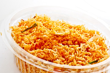 Thai food, crispy fried noodle in take away packaging