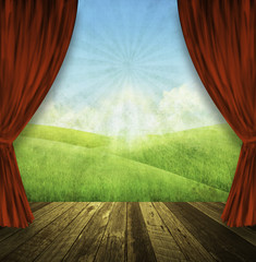 theater stage with red curtains and nature background