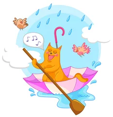 Foto op Plexiglas Vogel kat zeilen in een paraplu en zingen in de regen