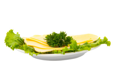 slices of cheese with lettuce on a plate isolated