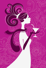 Beautiful woman silhouette with a glass in a hand