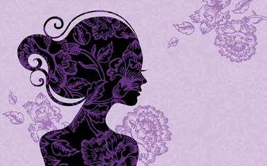 Poster de jardin Femme fleurs Fond avec la silhouette de la belle fille
